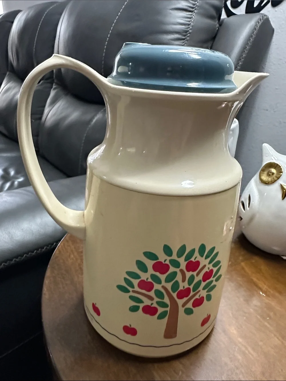Vintage Cream Coffee Thermos Pitcher with Apple Tree Motif and Blue Lid